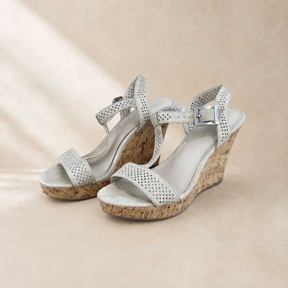 Charles by Charles David Cork Wedge Sandals Ankle Strap Beige Platform Heels 7.5